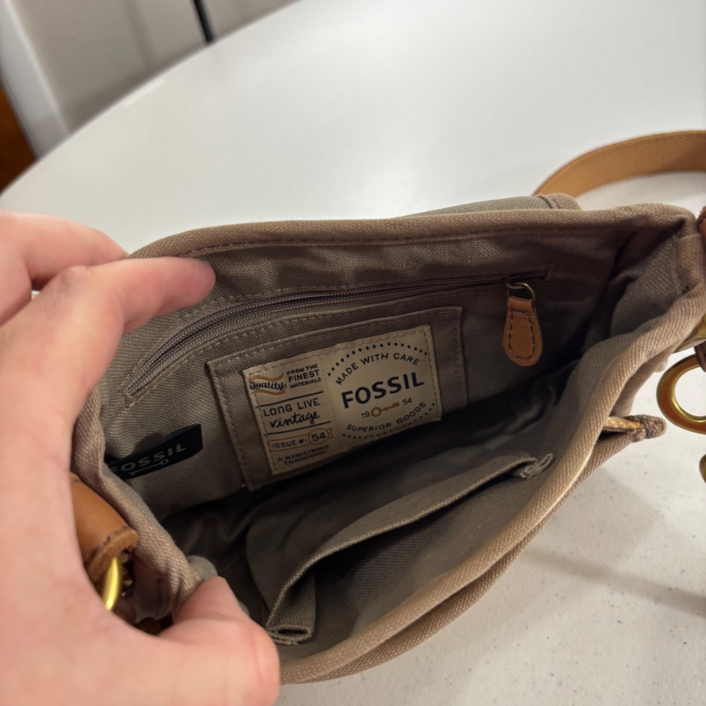 Fossil Long Live Vintage Issue 54 Canvas Crossbody Bag Cream Brown Messenger - Picture 7 of 16